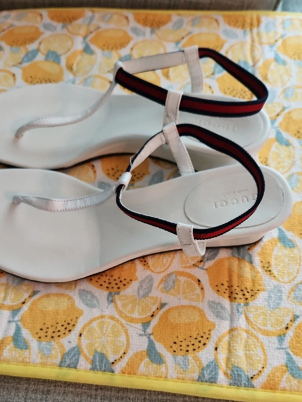 Gucci White T-Strap Sandals with Red and Navy Webbing